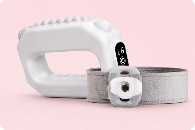 A white handheld electronic massager with a gray adjustable wrist strap and a small black digital display showing 'L6', photographed on a solid light pink background.